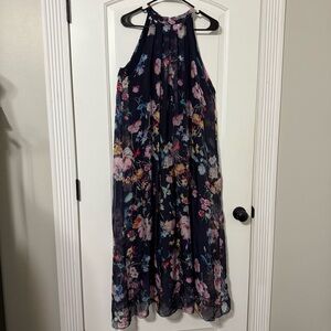 Bellambia Linen Blend Dress Women’s Size Large Maxi High Neck Sleeveless Floral